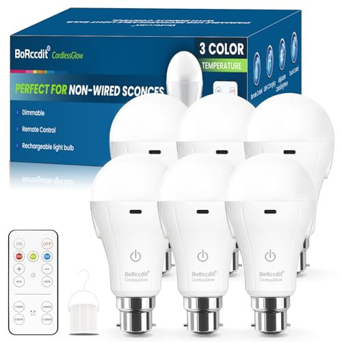 BoRccdit CordlessGlow Rechargeable Light Bulb B22, Dimmable & 3-Color Modes with Remote,15W LED 60W Equivalent, 2000mAh USB Charge Battery Up to 24H, No Wiring for Power Cuts, Camping, Closets, 6-Pack