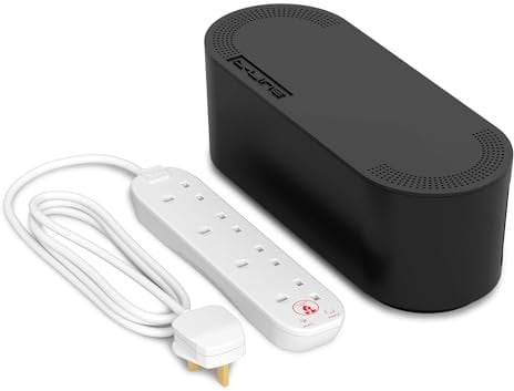 D-Line Cable Tidy Box with 4 socket 2m Extension Lead 13amp Surge Protected, Cable Management Solution, TV Wire Tidy, Desk Cable Organiser - Small, Black