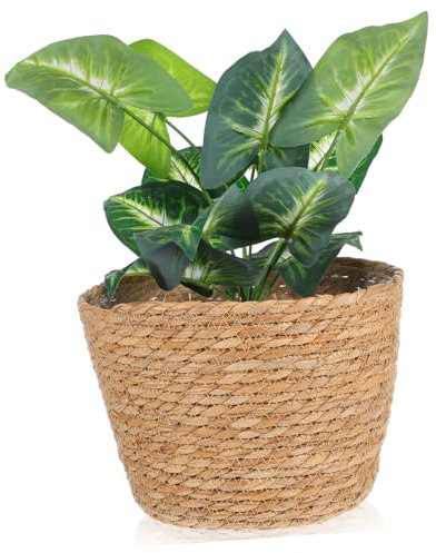 FONDOTIN Maceta Tejida De Ratán Cesta para Flores De Interior Contenedor para Plantas Cesta De Almacenamiento Macetero Mano