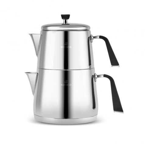 Karaca Fiona Stainless Steel Turkish Teapot Set, 1L Turkish Tea Pot & 2L Water Tank, Induction Hob Compatible, Silver (Caydanlik)