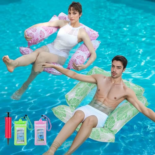 Sedile Gonfiabile 4 in 1 per Piscina, Materassino Ad Aria con Motivo a Foglia e Amaca Acquatica per Adulti fino a 100kg con Custodia per smartphone impermeabile e Pompa (1*rosa+1*verde)