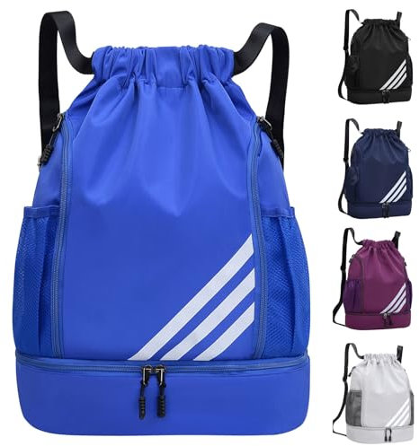 Veftsvy Turnbeutel mit Kordelzug, Wasserdicht Sportbeutel mit Schuhfach, Sportrucksack Gym Bag mit Innentasche, Außentasche, Sporttasche für Herren Damen Jungen (Blau, Einheitsgröße)