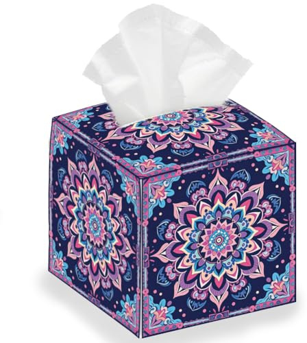 DELORIGIN Faltbare Taschentuchbox Im Retro Mandala Lotus Stil Quadratisch Wasserdichtes Leder Papierhandtuchetui Behälter Organizer Für Schlafzimmer Büro Auto 13 x 13 x 13cm