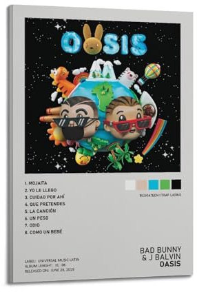 YURQWHRB Oasis – J Balvin, Bad Bunny Poster, Wandkunst, Leinwand, ästhetischer Einband, Vintage-Poster, dekoratives Gemälde für Zimmer, 30 x 45 cm, Rahmenstil