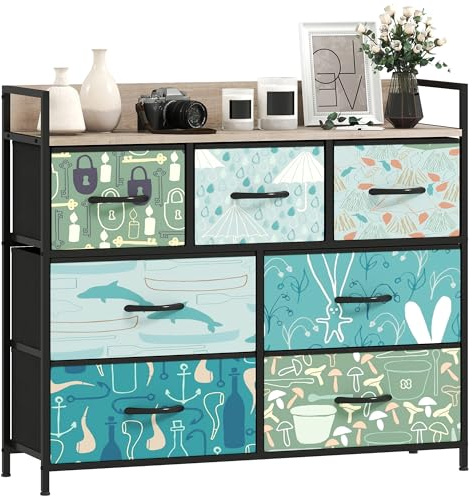 HOMCOM Bedroom Chest of Drawers, Fabric Dresser with 7 Drawers, Open Shelf and Steel Frame for Living Room, Hallway, Blue