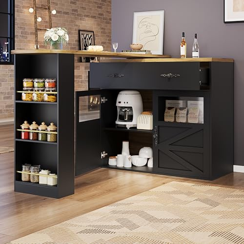 TOBIDOEN Bartisch Klappbar 138-204×39×104cm, Ausziehbarer Bartisch Küche, 360° drehbare Esstisch Bistrotisch, Kücheninsel mit Schubladen, Seitenregal und 4 Ablageflächen (Schwarz)