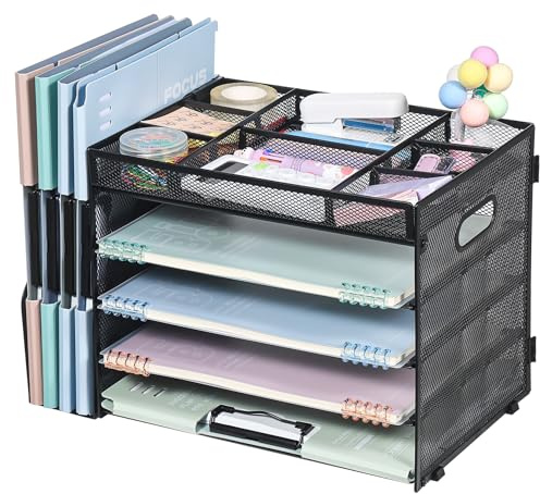 Vikmyer Papierablage Organizer mit Netz Dateihalter, 5-stufige Schreibtischaccessoires und Arbeitsplatz Organizer für Büromaterialien (Schwarz-Fächer)