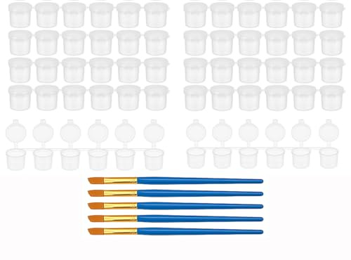 Conteneurs en plastique transparents 10 ml avec couvercle–Lot de 60 (10 bandes de 6)–Pots réutilisables pour peinture, bricolage, maquillage, échantillons, rangement, stockage (transparent + pinceaux)