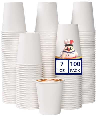 JOLLY CHEF 100 Pack 7oz White Paper Cups Disposable Coffee Cups Hot & Cold | Strong and Leak-proof Drinking Cups for Parties, Picnics, Trips, The Office, The Home and All Kinds of Occasions