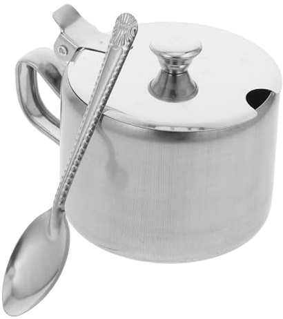 GARVALON Acero Inoxidable Azucarero con Tapa y Cuchara, Plata | Tarros de Especias de Acero Inoxidable, Salero y Pimentero, Pequeño Recipiente de Azúcar