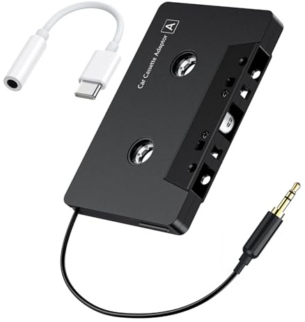 KitGody USB C Cassette Adapter for Car with Type C to 3.5mm Audio Jack, Aux Tape Deck Converter for Android Phones Samsung Google Pixel Huawei, Vintage Vehicle Stereo Accessory - Black (1M Cable)