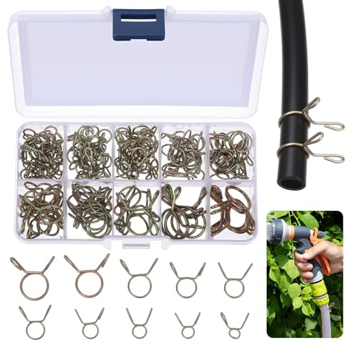 WJIAAA 126 Pcs Hose Clamp, Pipe Clamp for Fuel Line Water Pipe, 5-14mm Spring Clips, Bronze Double Wire Clamps with Storage Box