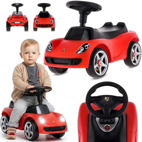 sun baby Rutschauto ab 18 Monaten – Porsche Carrera GT – Lenkrad mit Knöpfen, Scheinwerfer, realistische Aufkleber, bis 30 kg, Rot