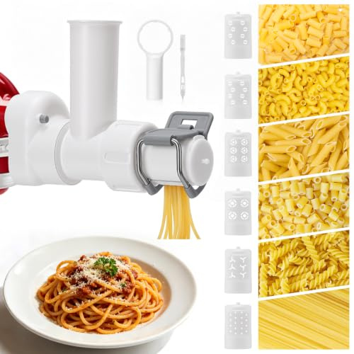 Pasta Maker Attachment for KitchenAid Stand Mixers, 6-in-1 Pasta Press with 6 Interchangeable Shapes, Stainless Steel Cutter & Cleaning Brush, for Pasta Attachment