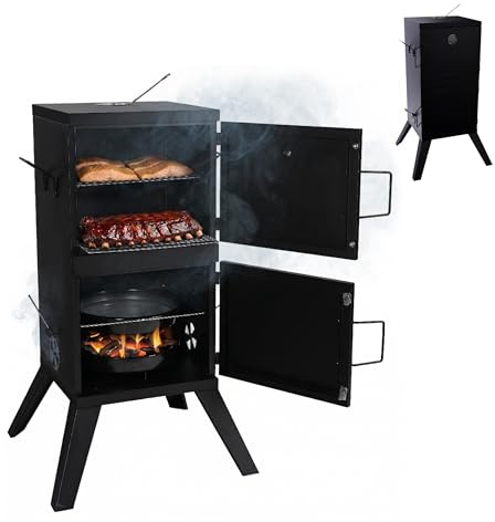Relaxdays Smoker, Meat & Fish, 2 Levels, Thermometer, Charcoal, Black | HxWxD: 108.5x57x56 cm, Steel