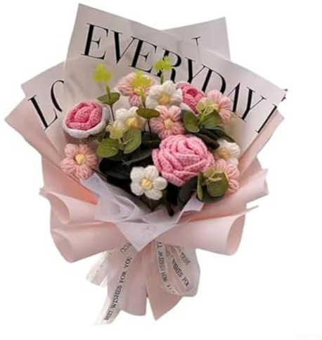 Bouquet di fiori lavorato a maglia fatto a mano con luci eleganti fiori artificiali all'uncinetto realistici filato PP materiale unico decorazione romantica per la casa, anniversario di matrimonio