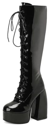 Generico Stivali donna platform con lacci, stivali alti vernice tacco largo | Stivali alti donna, effetto vernice lucida, chiusura con lacci, tacco largo 14,5 cm, plateau 4,5 cm, stile Y2K