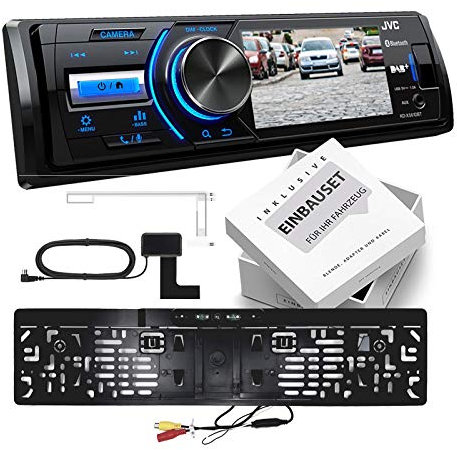 JVC KD-X561DBT 1-DIN DAB Media Receiver Farbdisplay inkl Kennzeichen Rückfahrkamera für Audi A4 B6 Avant (8E) 2000-2004 schwarz mit Symphony o. Navi Plus