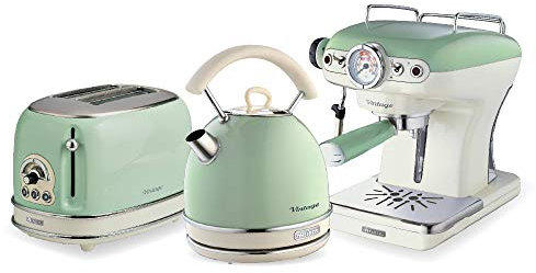 Ariete ARPK17 Retro Style Dome Kettle, 2 Slice Toaster and Espresso Machine Set, Vintage Design, Green