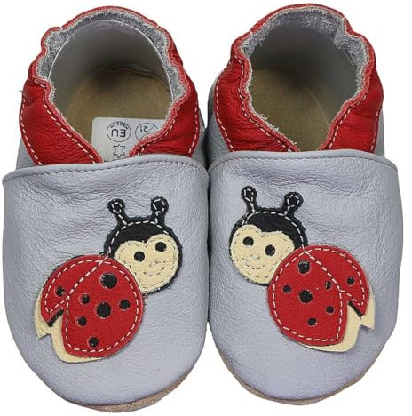 HOBEA-Germany Krabbelschuhe für Jungs und Mädchen in verschiedenen Designs (24/25 EU, Marienkäfer grau)