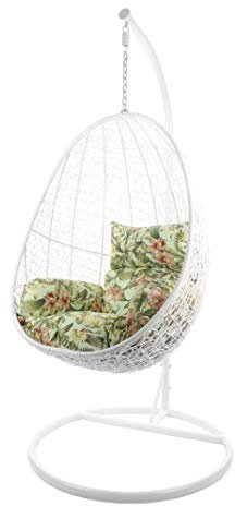 Kideo Komplettset: Hängesessel mit Gestell & Kissen, Korbsessel, Poly-Rattan (Gestell- und Korbfarbe: weiß, Kissen: Blumenmuster Nest (5101_Tropical_Garden))