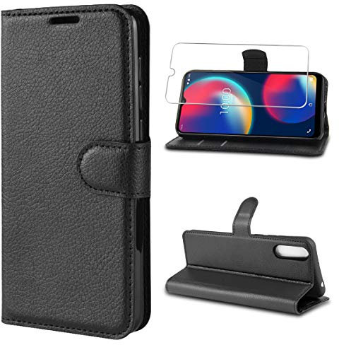 Coque Pour Wiko View 4, Noir PU cuir de Flip Portefeuille Magnétique Supporter à Rabat Protection Housse étui pour Wiko View 4 / Wiko View 4 Lite (6,52 Pouces) avec un Verre Trempé écran Protecteur