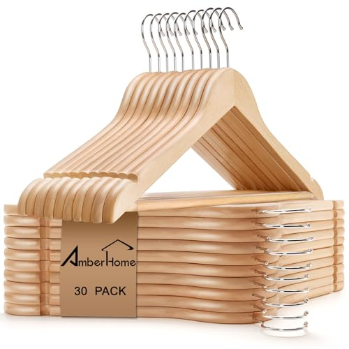 Amber Home 30 Pack Wooden Coat Hangers, Natural Wood Suit Hangers with Non-Slip Pant Bar, Clothes Hangers for Closet Organization, Shirts, Jackets, Dresses, and Pants (Natural, 30)