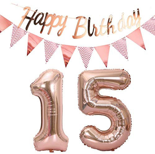 Luftballons 15.geburtstag deko rosegold+Happy Birthday Girlande +Wimpelkette 40Zahlen Ballon 15 Luftballons 15 Jahre Geburtstag Dekoration Mädchen Geburtstagdeko15 Geburtstag deko rosegold set(15)