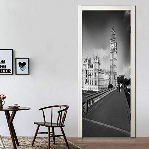 YQLKD 3D Porte Poster Affiche De Paysage De Bâtiment De Ville Blanc Noir Autocollants De Porte De Décoration De Maison Auto-Adhésifs