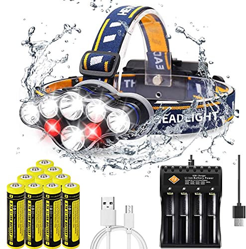 VISVIC USB Wiederaufladbare Stirnlampe mit 8 Lichtmodi, mit USB-Ladegerät und wiederaufladbaren 10PCS 18650-Batterien, Wasserdicht Stirnlampen für Outdoor, Laufen, Joggen, Hundespaziergang, Campen