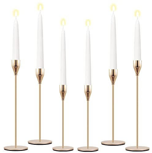 Candle Holders, Gold Candlestick Holders Set of 6 Metal Tall Candlesticks Vintage Table Centerpiece Pillar Taper Candle Stick Stands Holders for Dining Tables Living Room Christmas Wedding Fireplace