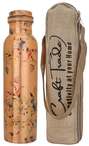 Craft Trade Trinkwasserflasche Kupfer Trinkflasche Rein Blumen Flasche Wasserflasche mit Deckel und Tragetasche 34oz/1000 ml Auslaufsicheres Ayurveda Kupferflasche für Büro und Yoga