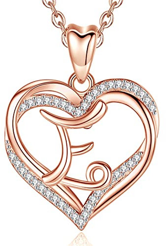 INFUSEU Kette mit Buchstabe, Halskette Rosegold Damen Initial E Anhänger Herz Schmuck Cubic Zirkonia CZ Hochzeitstag Geschenke für Frau Frau Mutter Freundin, 20 Zoll Kette