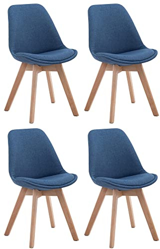 CLP 4er Set Retrostühle Borneo V2 Mit Stoffbezug Und Hochwertiger Polsterung I Lehnstühle Mit Holzgestell Farbe blau Gestell Farbe Natur