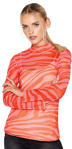 PixieGirl Petite Pink Zebra Print Long Sleeve Mesh Top Petite
