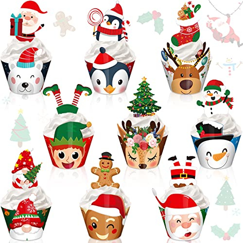 108 Pieces Christmas Cupcake Toppers Wrappers Snowman Santa Claus Reindeer Elf Penguin Gingerbread Christmas Tree Cake Decorations Cupcake Picks Liners for Xmas Holiday Party Supplies Favors