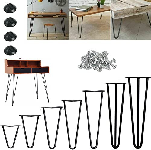Lot de 4 Pieds de Table, Pieds de Table de 25cm, Pieds en épingle à Cheveux en Acier de 10mm, Pieds de Table en métal avec vis et Protections de Sol pour Tables Basses, bancs, Bureaux, chaises