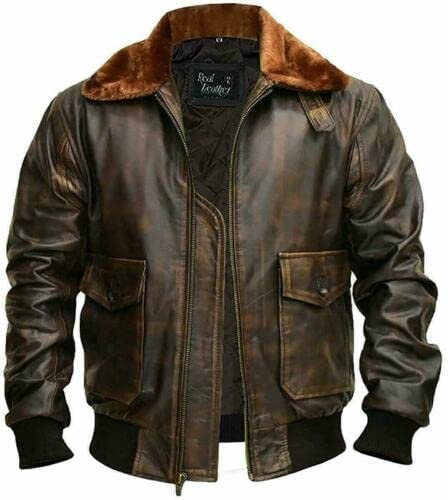 G-1 Force Aviator Flight A-2 Jacket Distressed Brown Genuine Bomber Leather Jacket with Faux Fur Collar (as8, alpha, l, regular, regular)