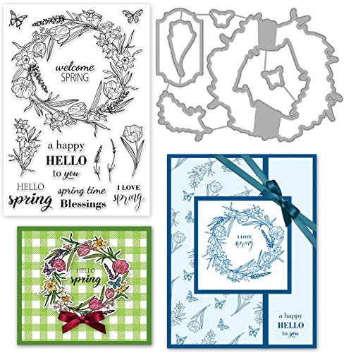 ORIGACH Frühlingsblumenkranz Stanzschablonen und Stempelset Für Die Kartenherstellung Frühlingssegen Matrizen Und Stempel Set Für DIY Scrapbooking Album Deko