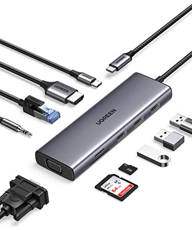UGREEN 10 en 1 Hub USB C HDMI VGA Docking Station USB C PD 100W Adaptateur USB C vers RJ45 Ethernet Lecteur de Carte SD 3,5mm Audio Compatible avec MacBook iPad Pro Air iPhone 16 Plus Pro Max 15