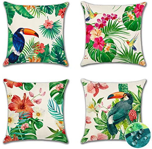 Ohok Wasserdicht Kissenbezug 45x45 cm, 4er Set Dekorativ Outdoor Kissenhülle Deko Sofakissen Couchkissen Zierkissenbezüge für Sofa Wohnzimmer Balkon Garten Auto (Pflanzen Vögel)