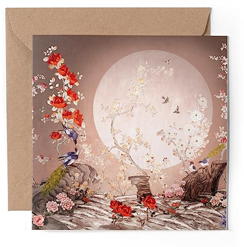 1 x Grußkarte – japanische Chinoiserie Stil Vögel Pflanzen Mond Japan – blanko Geburtstag Feier Jahrestag #50511