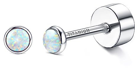 JeryWe 20G G23 Titanium Opal Flat Back Stud Earrings for Women Teens Implant Grade Studs Earrings Hypoallergenic Cartilage Helix Conch Jewelry for Multiple PiercingWhite Opal 2mm