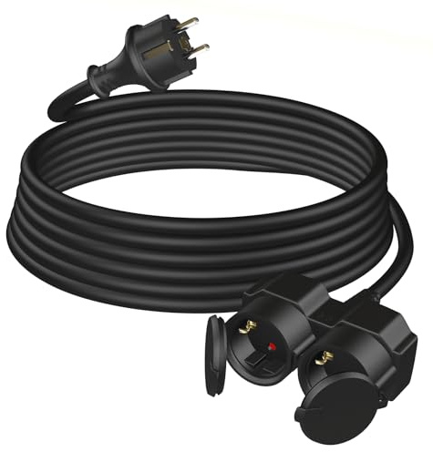 Verlängerungskabel Outdoor 15m mit 2 Schuko-Steckdosen, Gummi Doppel-Verlängerung 3500W mit Schutzkappe für den Außenbereich IP44, Stromkabel H05RR-F 3G1,5mm² mit Doppelsteckdose, 16A/250V, Schwarz