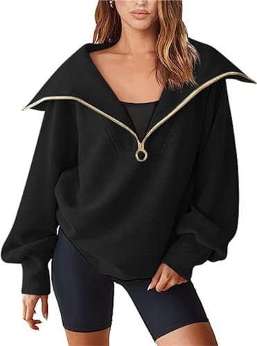SotRong Womens Half Zip Slouchy Sweatshirt Plain Casual Long Sleeve Lapel Collar V-Neck Pullover Stylish Oversized Tunic Blouse Spring Autum Going Out Fashion Tops Black S