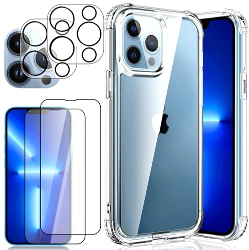 DYNASCO 5 in 1 2-Pack Screen Protector for iPhone 13 Pro Max 6.7-Inch, with 2 Camera Lens Protector + Clear Case, Anti-Scratch HD Tempered Glass Film, Shockproof Transparent Slim Phone Cover