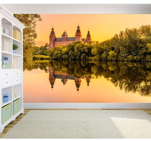 Fototapete Sonnenuntergang Wald Abziehen und Aufkleben Wandbild mittelalterliches Schloss am Flussufer 3D-Muster PVC-Poster Heimwanddekoration für Schlafzimmer Wohnzimmer Küche 190 x 150 cm (B x H)