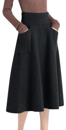 Minetom Strickrock Damen Herbst Winter Stricken Lange Röcke Hohe Taille Elegant Elastisch Einfarbig A-Linie Midi Rock mit Tasche A Schwarz XL