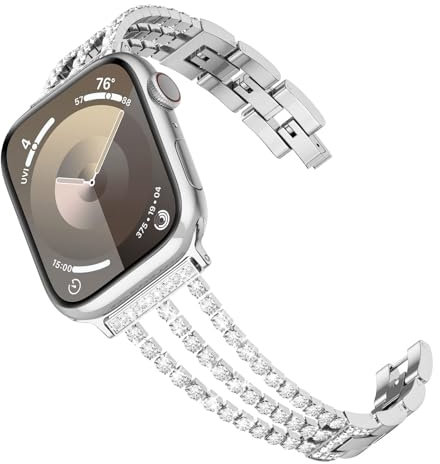 Tuocal Kompatibel mit Apple Watch Armband 42mm(Series 10) 38mm 40mm 41mm, Glitzer Diamant Strass Metall Edelstahl Ersatzarmband für iWatch Series 10 9 8 7 6 5 4 3 2 1 SE Damen, Silber