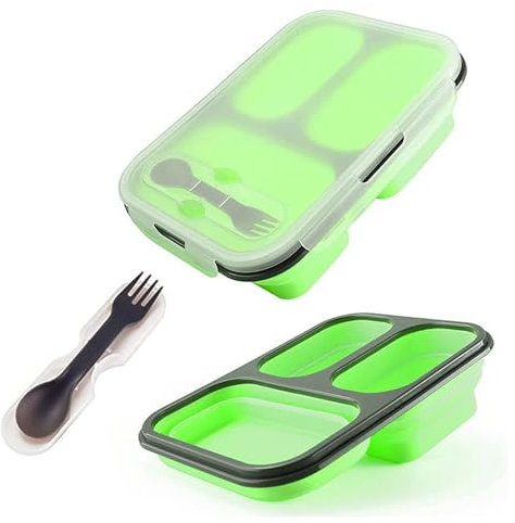 alouweekuky Bento Box Plegable Fiambrera portátil plegable con tres compartimentos con Cuchara de Tenedor Microondas Congelador (Verde)